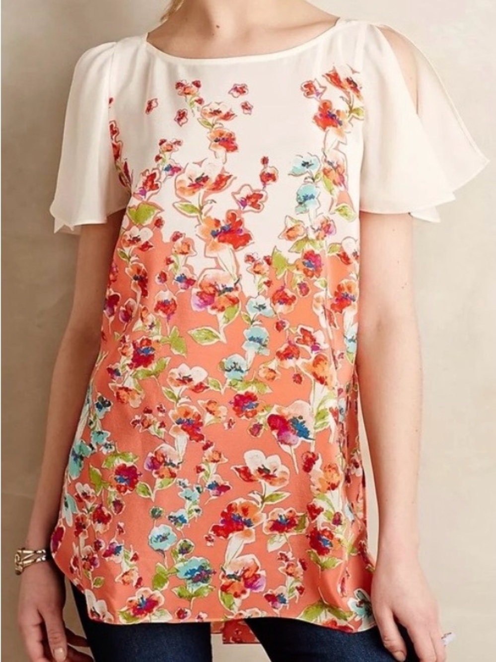 Anthropologie Maeve Ludovica Silk Tunic Blouse Coral Floral Size Small